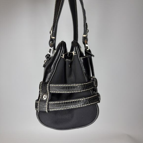 Franco Sarto Purse Black Leather Satchel Hand Shoulder Bag Buckles CUTE - Picture 4 of 16